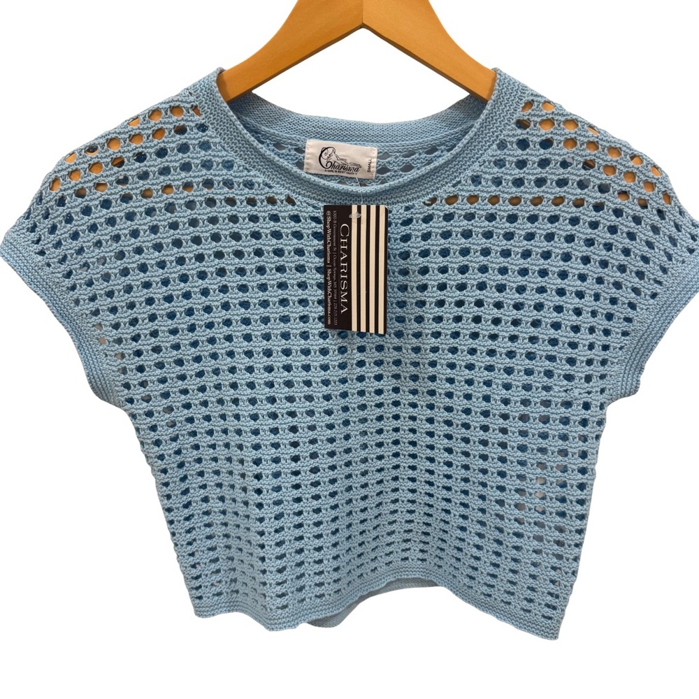 Charisma Blue Crochet Open Knit Crop Top NWT Coastal Boho Seaside Small